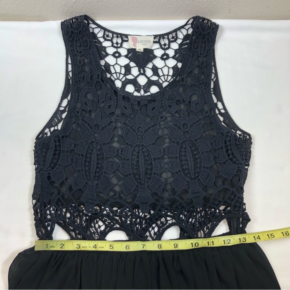 L’ATISTE BY AMY Black Crochet Sheer Side zíper Elastic Waist Maxi Dress Size M - Picture 14 of 16